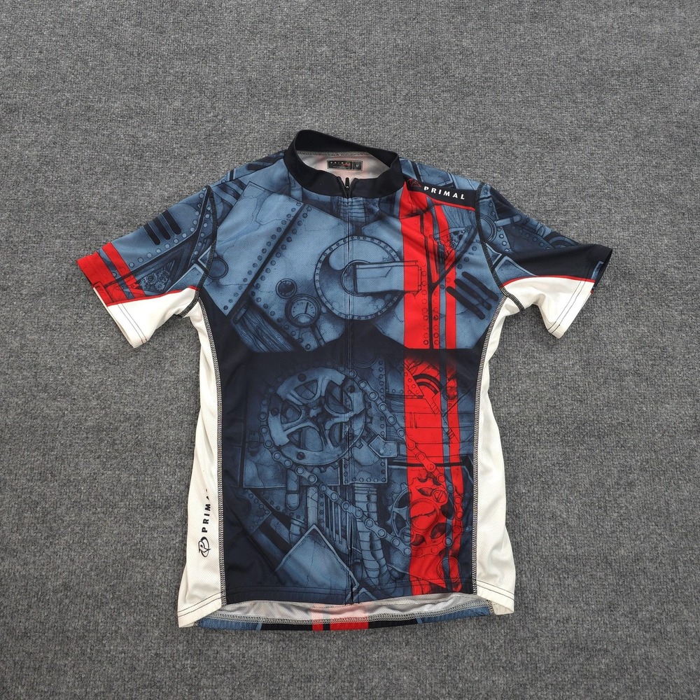 Primal Wear‎ Jersey Mens Medium Blue Red Performance Cycling Full Zip Graphic